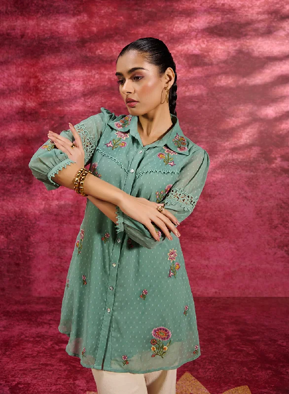 Breeze Sea Green Embroidered Georgette Shirt for WomenPrinted Shirts