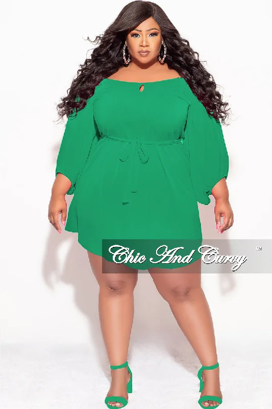 Final Sale Plus Size Off the Shoulder Front Keyhole Mini Dress with Tie in GreenLarge women's waterproof tops