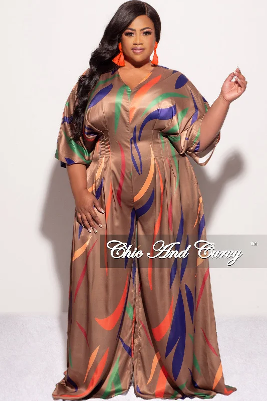 Final Sale Plus Size Satin Flare Leg Jumpsuit in Brown Multi ColorWomen's long sleeve tops