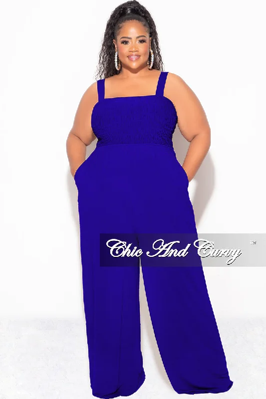 Final Sale Plus Size Sleeveless Shirred Jumpsuit in Royal BlueWomen's beach tops