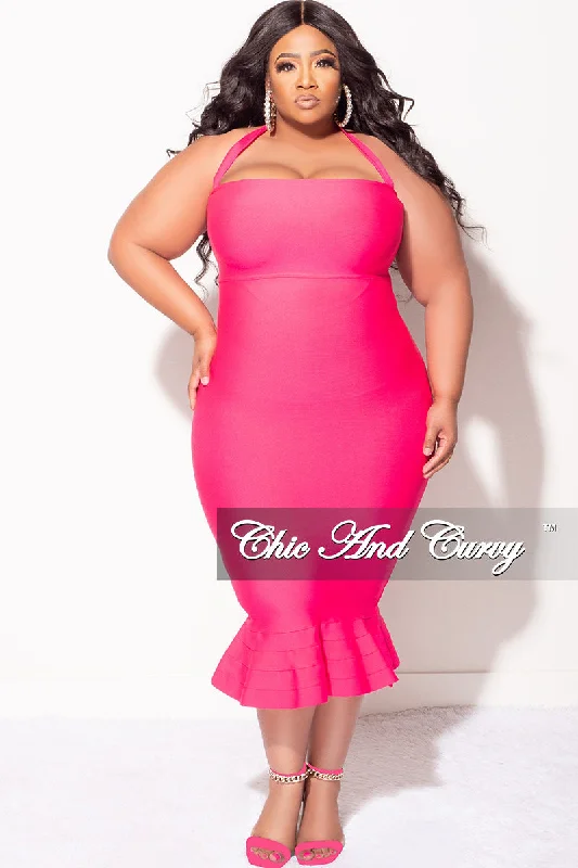 Final Sale Plus Size Halter Bandage Dress with Ruffle Bottom in FuchsiaPlus size women's solid color tops