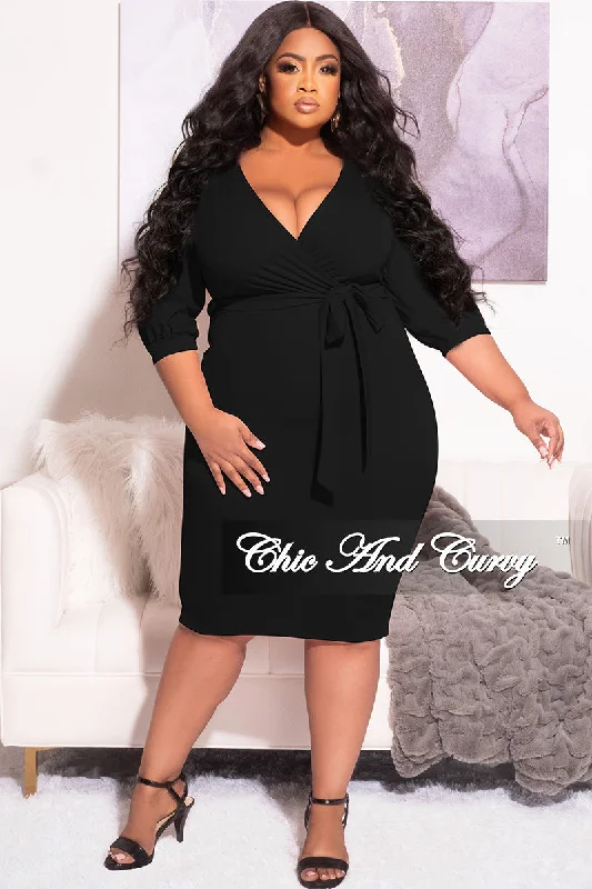 Final Sale Plus Size Faux Wrap BodyCon Dress with Waist Tie in BlackPlus size women's V-neck tops