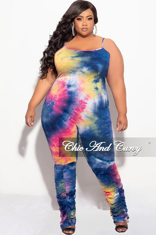 Final Sale Plus Size Spaghetti Strap Jumpsuit in Dark Neon Tie DyePlus size women's chiffon tops