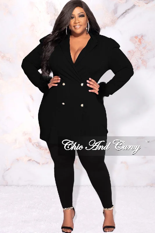 Available Online Only - Final Sale Plus Size Button Blazer Dress with Feather Cuffs in BlackPlus size women's street style tops