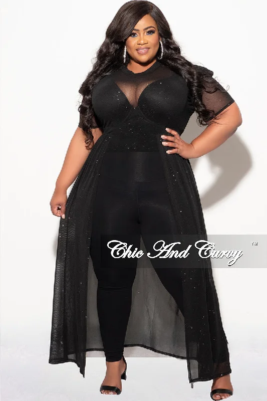 Final Sale Plus Size Mesh Top with Train in Black GlitterLarge women's sun protection tops