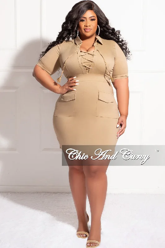 Final Sale Plus Size Lace Up Cargo Pocket Dress in OliveWomen's party tops