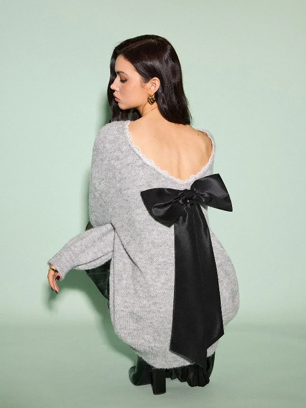 Layered Knit TopsLace Trim Bow-Decor Draped Sweater