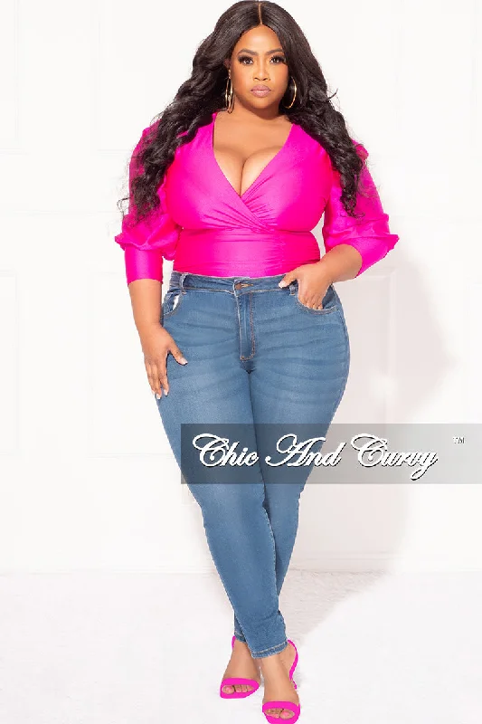 Final Sale Plus Size Faux Bodysuit with Ruched Puffy Sleeves in FuchsiaPlus size women's elegant tops