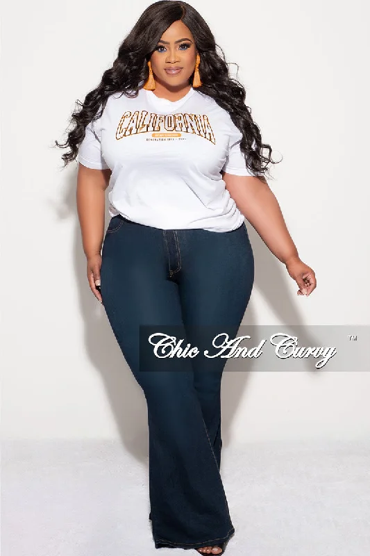 Final Sale Plus Size Short Sleeve "CALIFORNIA" Graphic T-Shirt in White and OrangePlus size women's simple tops