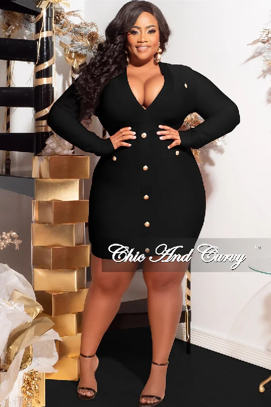 Final Sale Plus Size Deep Faux Wrap Long Sleeve Bandage BodyCon Dress with Gold Buttons in BlackLarge women's blended tops