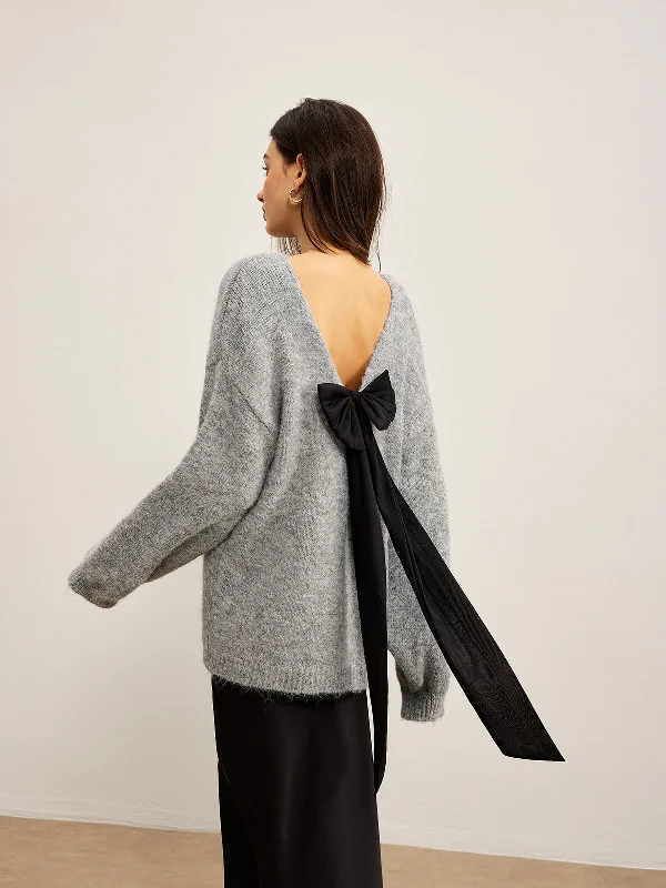 V-Neck Knit TopsBackless Bow Shift Sweater