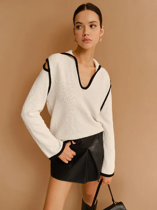 Longline Knit TopsContrast Trim Cutout Lapel Sweater