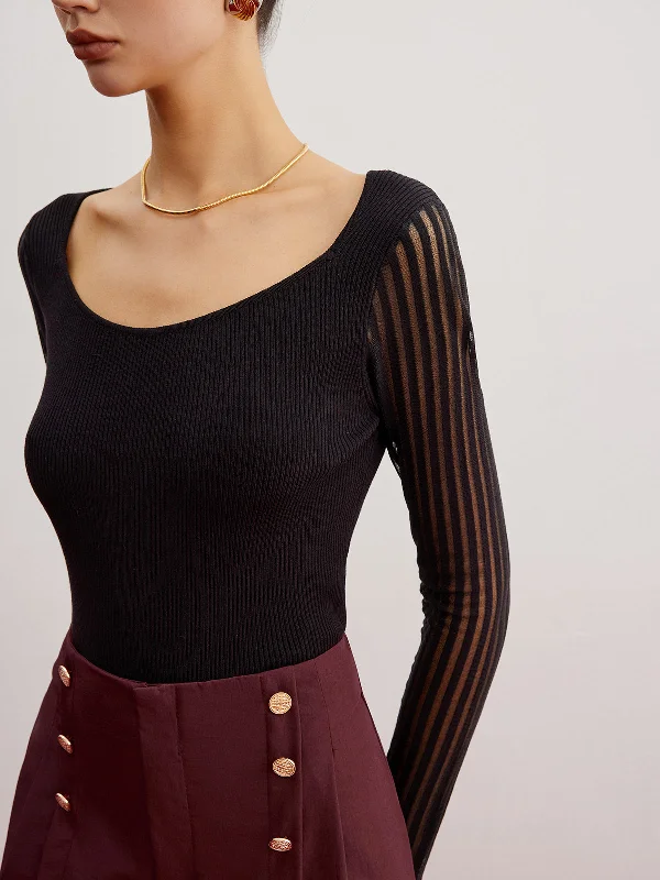 Fishing Knit TopsRibbed Sheer Sleeve Sweater