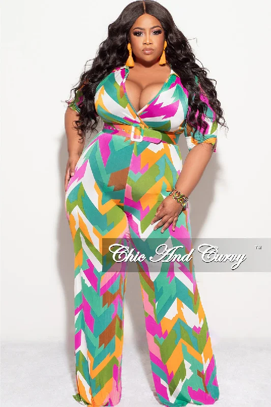 Final Sale Plus Size Collar Faux Wrap Jumpsuit with Belt in Multi Color "Zigzag" PrintPlus size women's ruffle tops