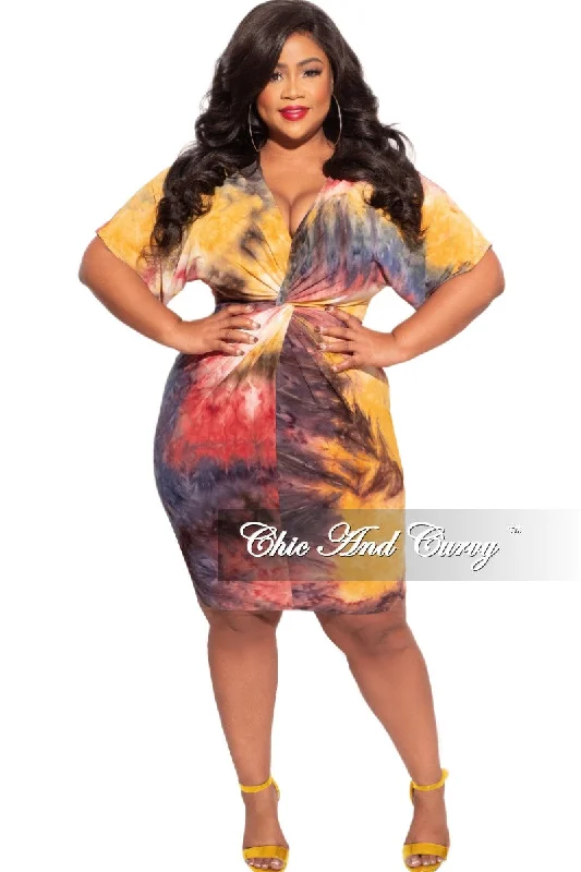 Final Sale Plus Size BodyCon Dress with Twisted Waistline in Fall Multi-Color Tie DyeLarge women's pullover tops