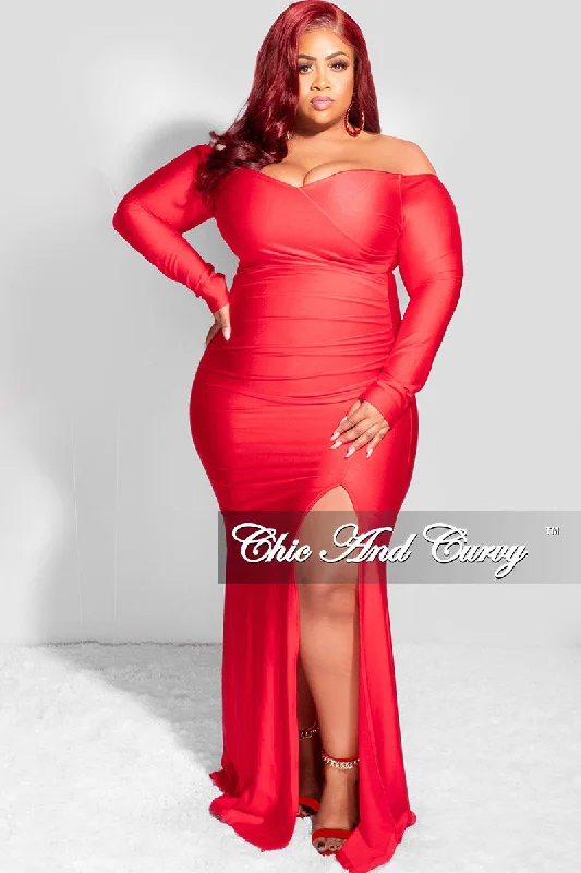 Final Sale Plus Size Off the Shoulder Gown with Slide Slit in RedPlus size women's solid color tops