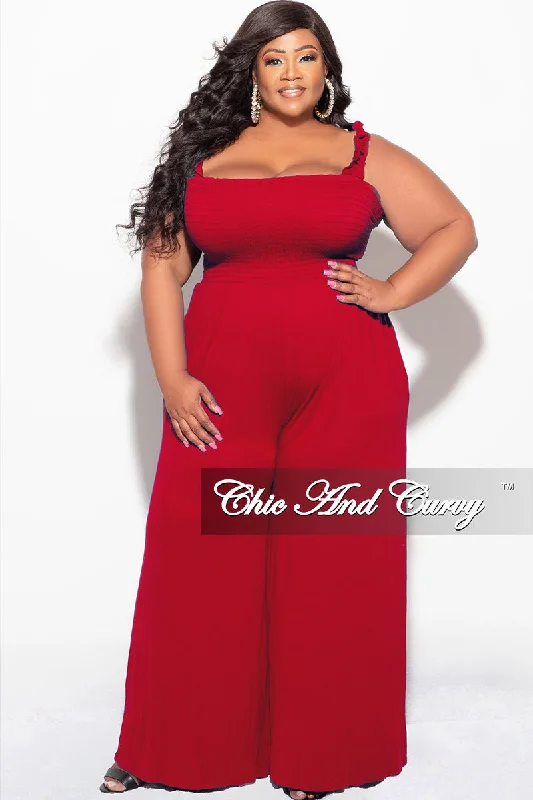 Final Sale Plus Size Jumpsuit with Smocking & Elastic Straps in RedPlus size women's elegant tops