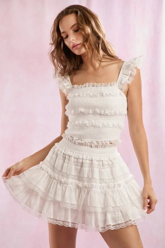 Lace Trim With Ruffle Detail Solid Mini SkirtAsymmetrical Skirt