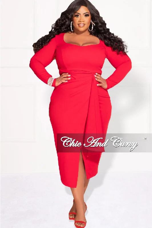 Available Online Only - Final Sale Plus Size BodyCon Dress with Wrap Skirt in RedLarge women's stretch tops