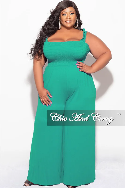 Final Sale Plus Size Jumpsuit with Smocking & Elastic Straps in Kelly GreenPlus size women's sports tops