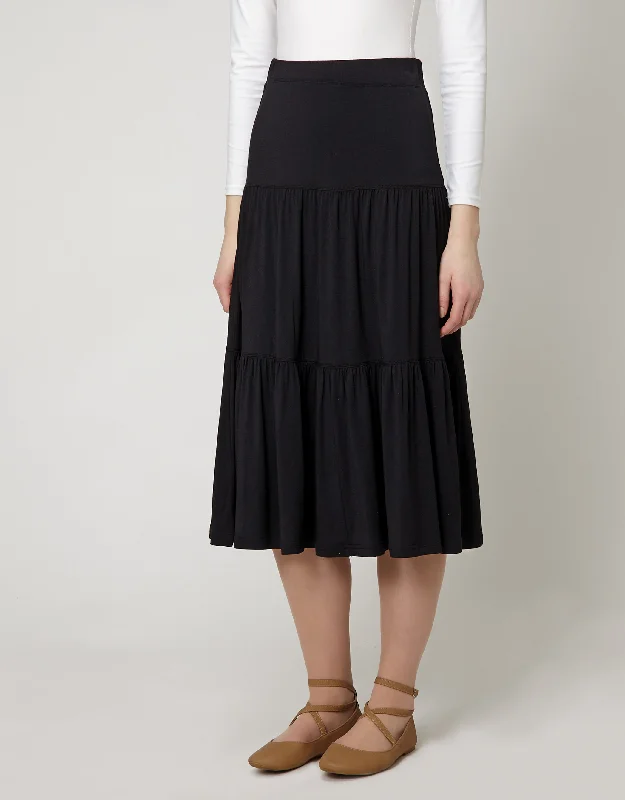 29" Modal Tiered Skirt with Covered Elastic Waistband BlackAsymmetrical Skirt