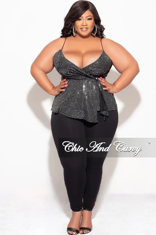 Final Sale Plus Size Surplice wrap V-Neck Sparkly Top with Spaghetti Strap in Silver and BlackWomen's fitness tops