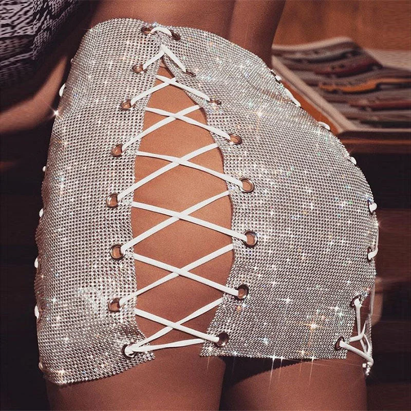 Luxury Glitter Metal Crystal Diamonds Skirts Women Hollow Out Diamonds Rhinestone Lace Up Sexy Clubwear Nightclub Mini SkirtOpaque Skirt