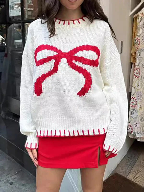 Silk Knit TopsContrast Binding Bow Sweater