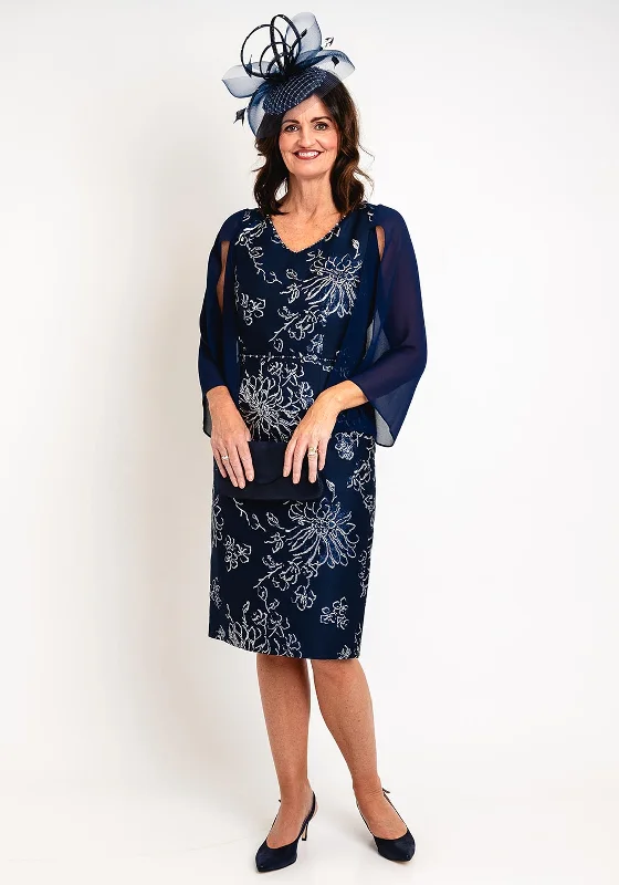 Victorian DressLizabella Floral Jacquard Chiffon Sleeve Midi Dress, Navy