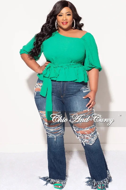 Final Sale Plus Size One Shoulder Peplum Top in GreenLarge women's windproof tops