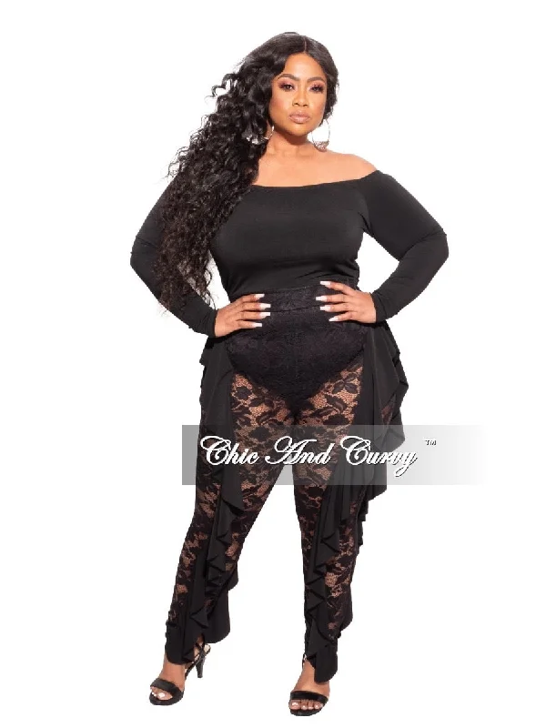 Final Sale Plus Size Long Sleeve Off The Shoulder Jumpsuit in Black LaceKnit Shirt