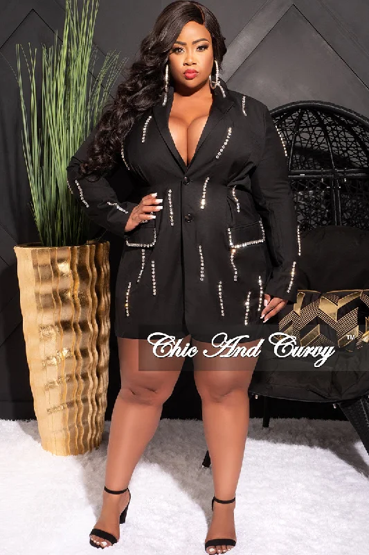 Final Sale Plus Size Blazer Dress with Clear Rhinestones in BlackPlus size women's solid color tops