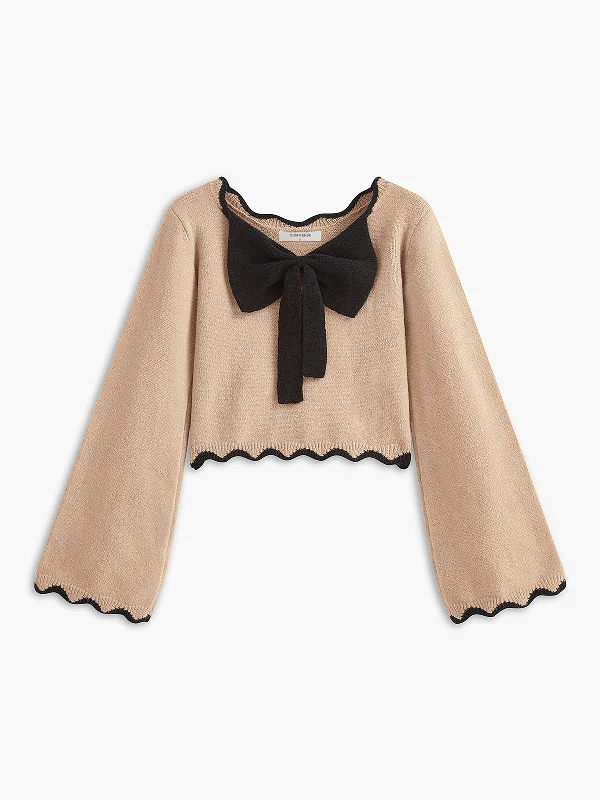 Outdoor Knit TopsContrast Wave Trim Bow Sweater