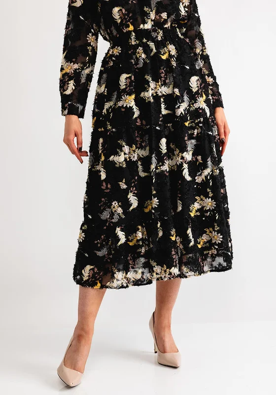 Serafina Collection Floral Embroidered Tiered Midi Skirt, BlackDenim Skirt