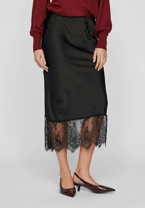 Vila Schasta Lace Trim Satin Midi Skirt, BlackGolf Skirt