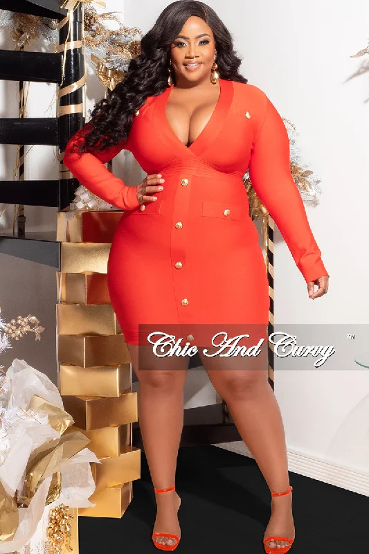 Final Sale Plus Size Deep Faux Wrap Long Sleeve Bandage BodyCon Dress with Gold Buttons in RedLarge women's oversize tops