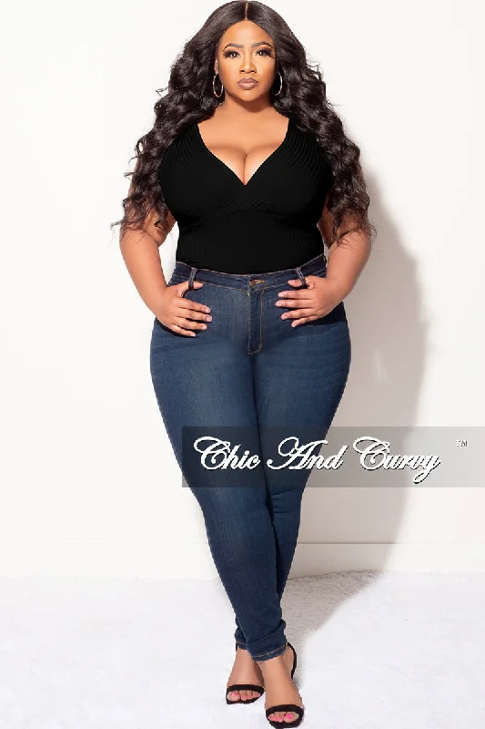 Final Sale Plus Size Ribbed Faux Wrap Sleeveless Bodysuit in BlackKnit Top