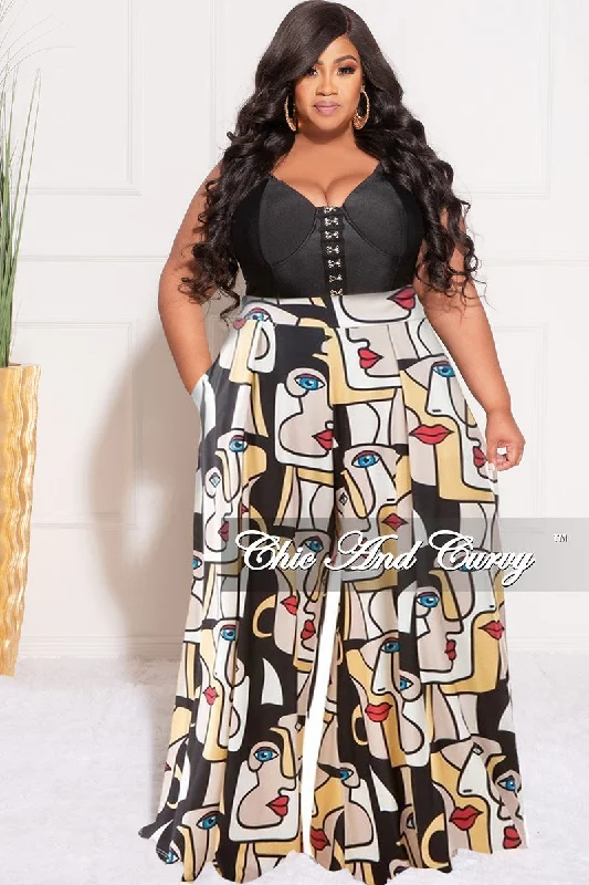 Final Sale Plus Size Palazzo Pants in Black Art Illustration PrintPlus size women's V-neck tops