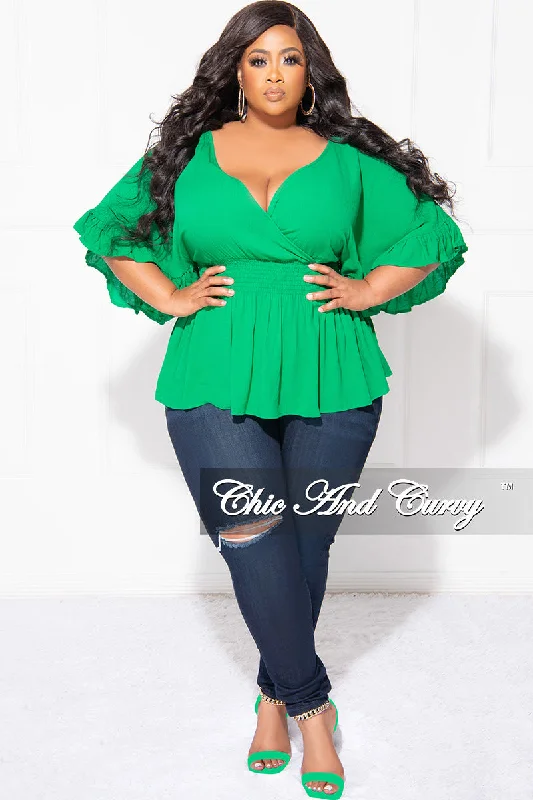 Final Sale Plus Size Ruffle Peplum Top in GreenLarge women's warm tops