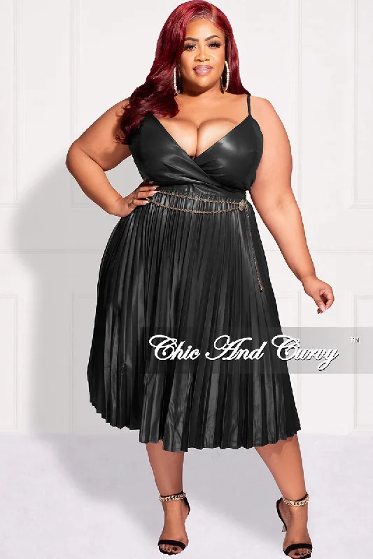 Final Sale Plus Size Faux Leather Faux Wrap Spaghetti Strap Pleated Dress in BlackPlus size women's street style tops