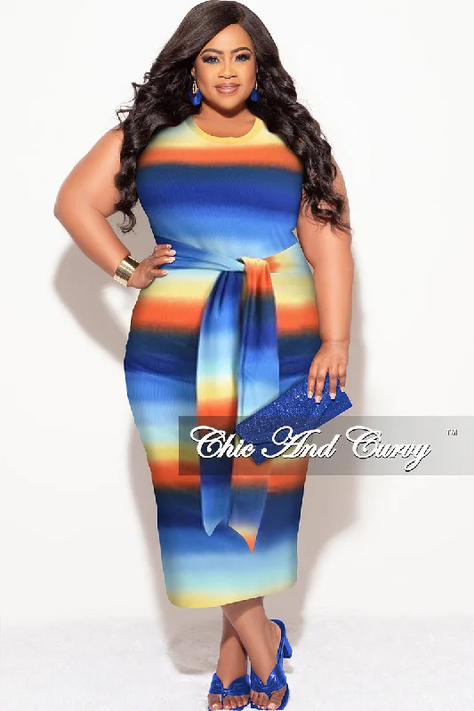 Final Sale Plus Size Light Ribbed Sleeveless Shoulder Pad Midi Dress with Waist Tie in Blue Multi-Color PrintLarge women's wrinkle-free tops