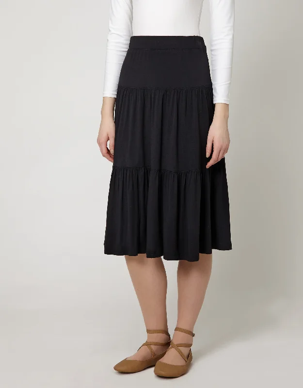 27" Modal Tiered Skirt with Covered Elastic Waistband BlackWrap Skirt