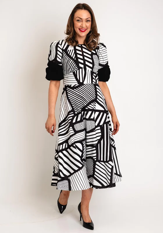 Party DressKate Cooper Cutout Geo Print A-Line Midi Dress, Black & White