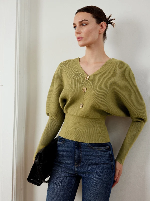 Ruffled Knit TopsLeg-Of-Mutton Sleeve Cinched Sweater