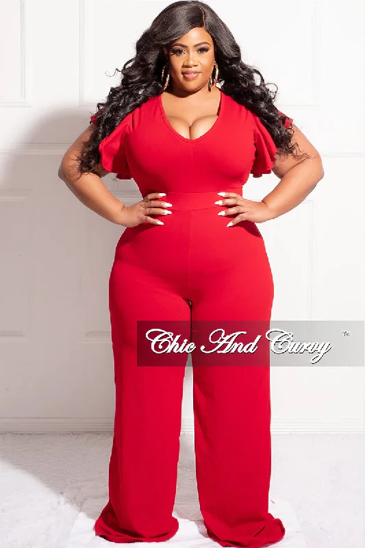 FinaL Sale Plus Size Ruffle Sleeve Jumpsuit in RedPlus size women's elegant tops