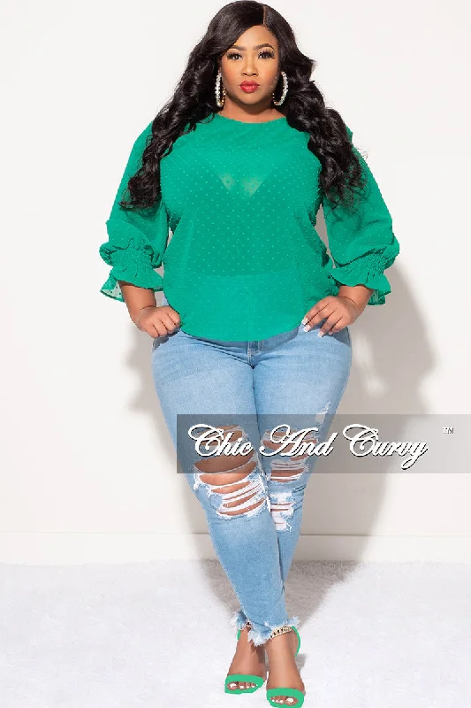 Final Sale Plus Size Chiffon Sheer Top with Dot Embossing in GreenLarge women's stretch tops