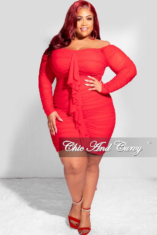 Final Sale Plus Size Ruched Off The Shoulder Mini Dress with Center Sash in Red MeshLarge women's blended tops