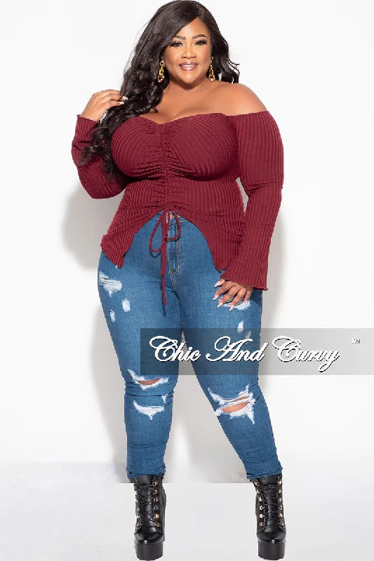 Final Sale Plus Size Ribbed Off the Shoulder Bell Sleeve Top in BurgundyWomen's summer tops