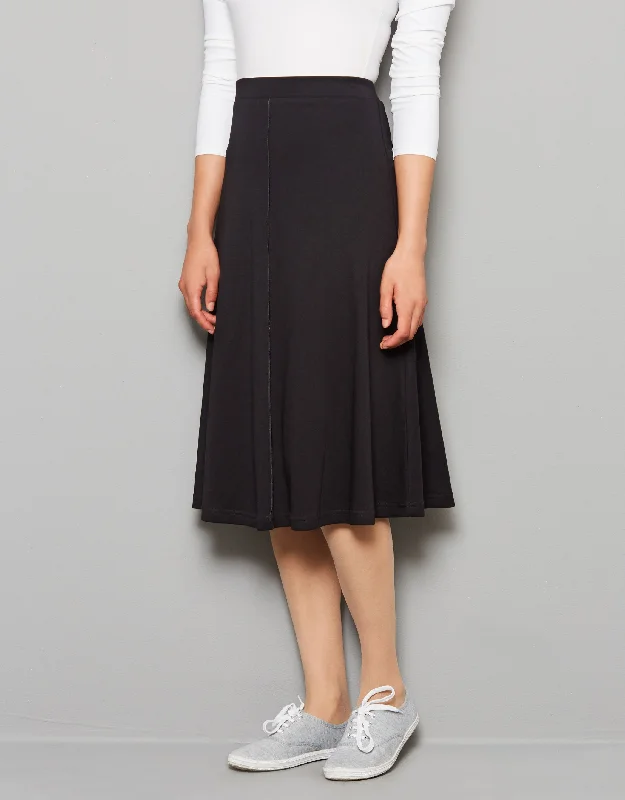 27.5" Aline Seamed Lightweight Jersey Skirt with Covered Elastic Waistband BlackPleated Skirt