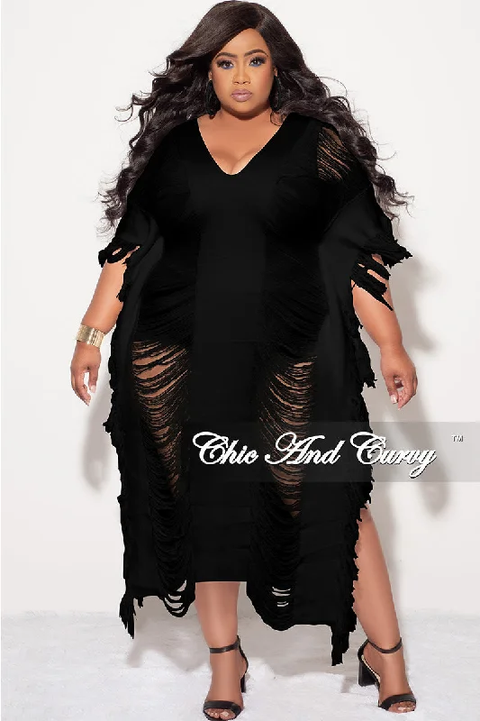 Final Sale Plus Size Distressed Sweater Midi Fringe Dress in BlackWomen's thick tops